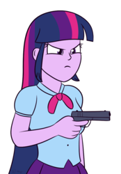Size: 685x982 | Tagged: safe, artist:x-guy, twilight sparkle, equestria girls, g4, angry, arms, blouse, bowtie, breasts, bust, clothes, delet this, female, fingers, frown, glare, gun, hand, holding, long hair, puffy sleeves, simple background, skirt, solo, teenager, this will end in school shooting, transparent background, weapon