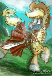 Size: 1024x1489 | Tagged: safe, artist:mad munchkin, applejack, earth pony, pony, g4, braveheart, clothes, cowboy hat, face paint, female, hat, kilt, scottish, signature, sketch, skirt, skirt lift, solo, stetson, sword, watermark, weapon