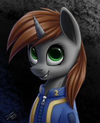 Size: 1017x1250 | Tagged: safe, artist:deltauraart, oc, oc only, oc:littlepip, pony, unicorn, fallout equestria, abstract background, bust, clothes, fanfic, fanfic art, female, jumpsuit, mare, solo, vault suit