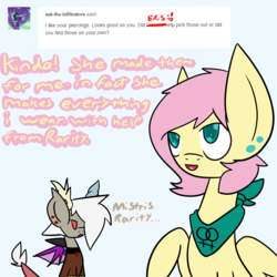 Size: 1000x1000 | Tagged: safe, artist:lesbian-fluttershy, discord, fluttershy, rarity, draconequus, pegasus, pony, g4, ask, bandana, choker, colored pupils, cross, dialogue, duo, duo female, ear piercing, earring, eris, female, inverted cross, jewelry, looking up, piercing, rule 63, teal eyes, tongue piercing, tumblr
