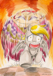 Size: 2444x3489 | Tagged: safe, artist:souleatersaku90, derpy hooves, pegasus, pony, g4, commission, courage the cowardly dog, crossover, female, high res, it's coming right at us, king of flan, mare, running, scared, screaming, traditional art