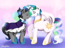 Size: 1024x768 | Tagged: safe, artist:asinglepetal, king sombra, princess celestia, alicorn, pony, g4, crossed horns, eyes closed, female, good king sombra, horn, horns are touching, male, mare, redraw, ship:celestibra, shipping, straight