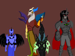 Size: 1024x768 | Tagged: safe, artist:darthcraftus, discord, king sombra, nightmare moon, queen chrysalis, anthro, g4, armor, tokusatsu