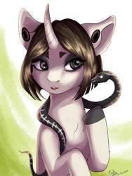 Size: 3000x4000 | Tagged: safe, artist:candyflora, oc, oc only, pony, snake, unicorn, curved horn, female, horn, mare, solo