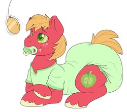 Size: 2048x1812 | Tagged: safe, artist:cuddlehooves, big macintosh, earth pony, pony, g4, adult foal, cute, diaper, drool, hypnosis, macabetes, male, mental regression, non-baby in diaper, onesie, pacifier, poofy diaper, solo, stallion, swirly eyes, watch