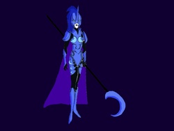 Size: 1024x768 | Tagged: safe, artist:darthcraftus, nightmare moon, human, g4, armor, cape, clothes, female, humanized, simple background, solo, weapon