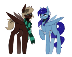 Size: 2869x2261 | Tagged: safe, artist:novabytes, oc, oc only, pegasus, pony, clothes, commission, duo, female, high res, mare, open mouth, raised hoof, scarf, simple background, transparent background