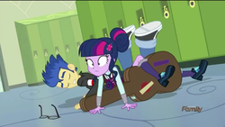 Size: 854x480 | Tagged: safe, screencap, flash sentry, sci-twi, twilight sparkle, equestria girls, g4, my little pony equestria girls: friendship games, clothes, crystal prep academy uniform, discovery family logo, eyes closed, glasses, guitar, guitar case, jacket, magic capture device, on the floor, school uniform, shoes, sneakers, socks