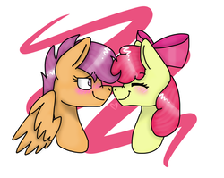 Size: 653x521 | Tagged: safe, artist:vixeyistrash, apple bloom, scootaloo, earth pony, pony, g4, blushing, boop, bust, cute, female, lesbian, noseboop, ship:scootabloom, shipping, simple background, white background