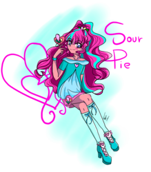 Size: 896x1024 | Tagged: safe, artist:sonatablaze, oc, oc only, oc:sour pie, equestria girls, g4, blush scribble, bracelet, closed mouth, clothes, female, fusion, fusion:pinkie pie, fusion:sour sweet, fusion:sourpie, jewelry, looking at you, ponytail, shoes, simple background, sitting, skirt, smiling, smiling at you, socks, solo, transparent background