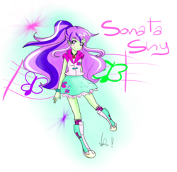 Size: 1293x1262 | Tagged: safe, artist:sonatablaze, oc, oc only, oc:sonatashy, human, equestria girls, g4, blush scribble, blushing, boots, bracelet, closed mouth, clothes, female, fusion, fusion:fluttershy, fusion:sonashy, fusion:sonata dusk, gem, jewelry, looking at you, ponytail, simple background, siren gem, skirt, smiling, smiling at you, socks, solo, spiked wristband, transparent background, wristband