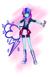 Size: 960x1472 | Tagged: safe, artist:sonatablaze, rainbow dash, sunny flare, oc, oc only, oc:sunny dash, equestria girls, g4, boots, closed mouth, clothes, compression shorts, female, fusion, fusion:rainbow dash, fusion:sunny flare, fusion:sunnydash, hand on hip, looking at you, shorts, simple background, skirt, smiling, smiling at you, solo, standing, transparent background, wristband