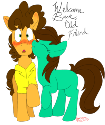 Size: 1000x1187 | Tagged: safe, artist:hufflepuffrave, cheese sandwich, oc, oc:pencil sketch, earth pony, pony, g4, blushing, cheek kiss, duo, female, kissing, male, mare, simple background, stallion, straight, surprise kiss, transparent background