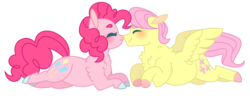 Size: 1024x393 | Tagged: safe, artist:pandemiamichi, fluttershy, pinkie pie, oc, earth pony, pegasus, pony, g4, butterscotch, duo, eyes closed, female, male, rule 63, ship:butterpie, shipping, simple background, smiling, straight, transparent background