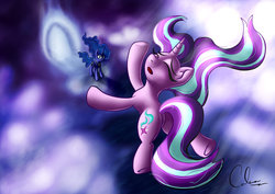 Size: 1600x1131 | Tagged: safe, artist:calena, princess luna, starlight glimmer, alicorn, pony, unicorn, g4, duo, eyes closed