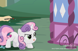 Size: 3002x1980 | Tagged: safe, artist:shutterflyeqd, sweetie belle, human, pony, g4, behaving like a cat, carousel boutique, cute, diasweetes, female, hand, laser pointer, the cmc's cutie marks, tongue out