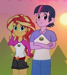 Size: 1114x1252 | Tagged: dead source, safe, artist:drewmwhit, artist:trotsworth, sunset shimmer, twilight sparkle, equestria girls, g4, my little pony equestria girls: legend of everfree, camp everfree outfits, clothes, crossed arms, dusk shine, female, half r63 shipping, legs, male, pants, prince dusk, rule 63, ship:duskshimmer, ship:sunsetsparkle, shipping, shorts, straight