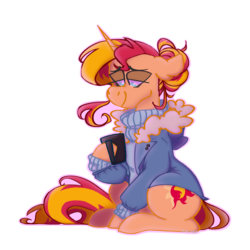 Size: 1000x1000 | Tagged: safe, artist:quill-scribbles, sunset shimmer, pony, unicorn, g4, clothes, coffee, female, smiling, solo