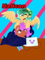 Size: 702x933 | Tagged: safe, artist:serenity sketches, oc, oc only, oc:cozy comfort, oc:glitch gamepad, pony, blanket, computer, hahcon, laptop computer