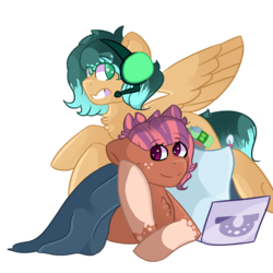 Size: 5000x5000 | Tagged: safe, artist:betabytee, oc, oc only, oc:cozy comfort, oc:glitch gamepad, pony, absurd resolution, blanket, computer, hahcon, headset, laptop computer, pillow, simple background, transparent background