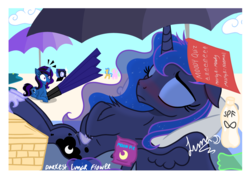 Size: 4823x3445 | Tagged: safe, artist:darkest-lunar-flower, princess luna, oc, oc:darkest lunar flower, alicorn, pony, unicorn, g4, absurd resolution, beach, beach umbrella, moon pie, ocean, sand, soda, sunburn, sunscreen