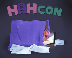 Size: 2480x2000 | Tagged: safe, artist:scribbles heart, oc, oc only, oc:cozy comfort, pony, computer, hahcon, high res, laptop computer, pillow, pillow fort, solo
