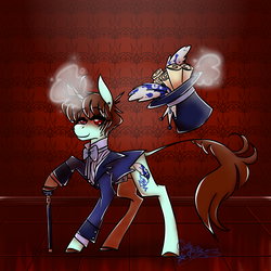 Size: 1000x1000 | Tagged: safe, artist:quill-scribbles, oc, oc only, pony, unicorn, cane, clothes, hat, scroll, solo, suit, top hat