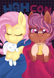 Size: 554x800 | Tagged: safe, artist:crowneprince, artist:mdragonflame, fluttershy, oc, oc:cozy comfort, pony, g4, blanket, charity, coffee, hahcon, poster, snuggling
