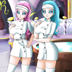 Size: 2880x2880 | Tagged: safe, artist:ciderpunk, derpibooru exclusive, aloe, lotus blossom, human, g4, colored pupils, high res, humanized, spa twins