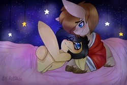 Size: 800x533 | Tagged: safe, artist:rene-color-wolf, oc, oc only, oc:josie, pony, bed, clothes, facial hair, gay, glasses, hoodie, male, stars