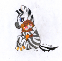 Size: 1935x1915 | Tagged: safe, artist:saxpony, oc, oc only, red panda, zebra, cuddling, male, shipping, snuggling, stallion, traditional art