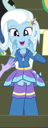 Size: 210x550 | Tagged: safe, screencap, snails, snips, trixie, equestria girls, g4, my little pony equestria girls: rainbow rocks, audience, boots, cheering, clothes, cute, diatrixes, high heel boots, hoodie, jacket, looking at you, open mouth, pants, sitting, skirt, smiling, solo focus, sweater, talking