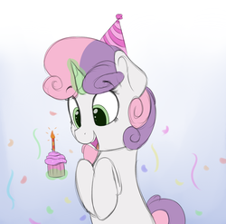 Size: 1824x1800 | Tagged: safe, artist:vanillaghosties, sweetie belle, pony, g4, confetti, cupcake, cute, female, food, glowing horn, hat, horn, magic, party hat, simple background, smiling, solo