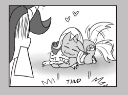 Size: 1134x845 | Tagged: safe, artist:loreto-arts, spike, starlight glimmer, trixie, twilight sparkle, alicorn, dragon, pony, comic:friendship is innuendo, g4, :3, comic, female, glomp, grayscale, hape, hug, jealous, love triangle, magic, male, monochrome, only the dead can know peace from this evil, ship:sparlight, shipping, spixie, straight, tail wag, the amazing trio of friendship, twilight sparkle (alicorn), wingding eyes, yandere