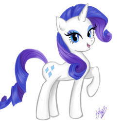 Size: 900x905 | Tagged: safe, artist:bbqgoth, rarity, pony, unicorn, g4, female, looking at you, mare, open mouth, raised hoof, signature, simple background, solo, white background