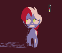 Size: 1125x968 | Tagged: safe, artist:zharkaer, babs seed, earth pony, pony, g4, color palette challenge, ears back, female, gritted teeth, limited palette, raised hoof, red background, scared, simple background, solo, wide eyes