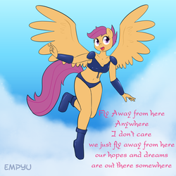 Size: 1000x1000 | Tagged: safe, artist:empyu, scootaloo, pegasus, anthro, plantigrade anthro, g4, 30 minute art challenge, armor, belly button, cute, cutealoo, female, midriff, older, scootaloo can fly, solo, unconvincing armor