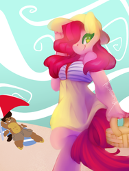 Size: 480x640 | Tagged: safe, artist:cotta, oc, oc only, anthro, beach, picnic, smiling, solo