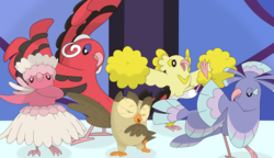 Size: 3519x2030 | Tagged: safe, artist:porygon2z, owlowiscious, oricorio, g4, crossover, dancing, high res, oricorio (baile style), oricorio (pa'u style), oricorio (pom-pom style), oricorio (sensu style), pokémon, pokémon sun and moon, vector