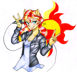 Size: 3245x3024 | Tagged: safe, artist:masteralex117, sunset shimmer, equestria girls, g4, breasts, cleavage, clothes, devil horn (gesture), female, high res, jacket, leather jacket, microphone, peace sign, ponied up, solo, traditional art