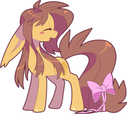 Size: 418x375 | Tagged: safe, artist:zhampy, oc, oc only, earth pony, pony, blushing, bow, happy, impossibly large ears, long ears, smiling, solo, tail bow