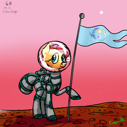 Size: 1000x1000 | Tagged: safe, artist:pwnyville, fluttershy, pony, g4, 60 min challenge, astronaut, female, flag of equestria, mare, mars, solo, space helmet, spacesuit