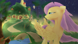 Size: 1920x1080 | Tagged: safe, artist:skyresonance, fluttershy, pony, g4, crying, female, fluttershy's cottage, looking back, solo, twilight (astronomy)