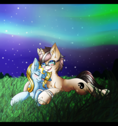 Size: 3000x3200 | Tagged: safe, artist:fkk, oc, oc only, pony, unicorn, aurora borealis, commission, couple, female, glasses, grass, high res, love, male, mare, prone, stallion, ych result