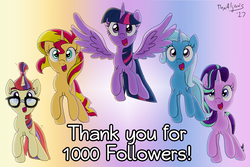 Size: 1200x800 | Tagged: safe, artist:thealjavis, moondancer, starlight glimmer, sunset shimmer, trixie, twilight sparkle, alicorn, pony, unicorn, g4, counterparts, looking at you, magical quintet, milestone, twilight sparkle (alicorn), twilight's counterparts