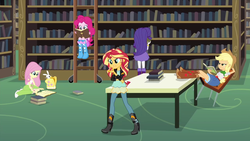 Size: 1280x720 | Tagged: safe, screencap, angel bunny, applejack, fluttershy, pinkie pie, rarity, sunset shimmer, equestria girls, g4, my little pony equestria girls: friendship games, backpack, book, boots, bracelet, clothes, cowboy boots, cowboy hat, denim skirt, hat, high heel boots, jacket, jewelry, ladder, leather jacket, library, skirt, socks, stetson, table