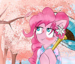 Size: 3500x3000 | Tagged: safe, artist:vxbeacon-lightsxv, pinkie pie, earth pony, pony, g4, cherry blossoms, cherry tree, clothes, female, flower, flower blossom, flower in hair, high res, japanese, kimono (clothing), lidded eyes, looking up, pink, sakura pie, solo, tree, umbrella