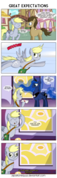 Size: 1675x5200 | Tagged: safe, artist:zsparkonequus, derpy hooves, doctor whooves, princess luna, time turner, alicorn, earth pony, pegasus, pony, g4, anticlimax, bait and switch, comic, everything went better than expected, flying, good end, grammar error, high res, letter, mailbag, mailmare, subverted meme