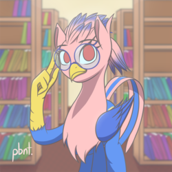 Size: 1280x1280 | Tagged: safe, artist:plebenant, oc, oc only, oc:vivian iolani, classical hippogriff, hippogriff, female, glasses, library, solo