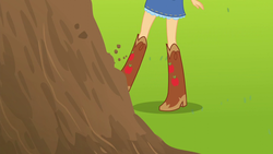 Size: 1280x720 | Tagged: safe, screencap, applejack, equestria girls, g4, my little pony equestria girls: friendship games, boots, boots shot, clothes, cowboy boots, denim skirt, dirt, female, legs, pictures of legs, skirt, solo